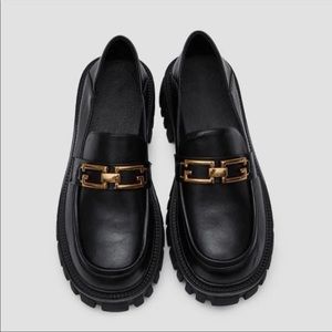 Lattelier Chunky Black Loafers with Gold Hardware